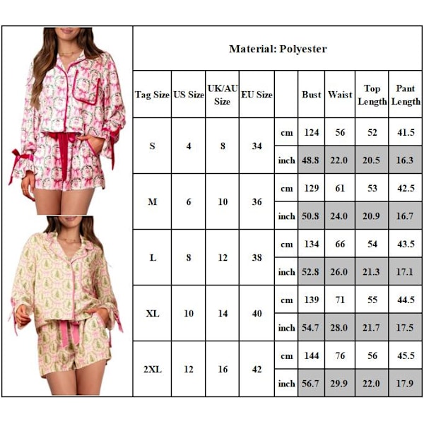 Dam Julpyjamas Shorts Set Pjs 2-delad Juloutfit Rosett Pyjamas Set Långärmad Knappskjorta Lounge Shorts Set Nattkläder Rose Red M