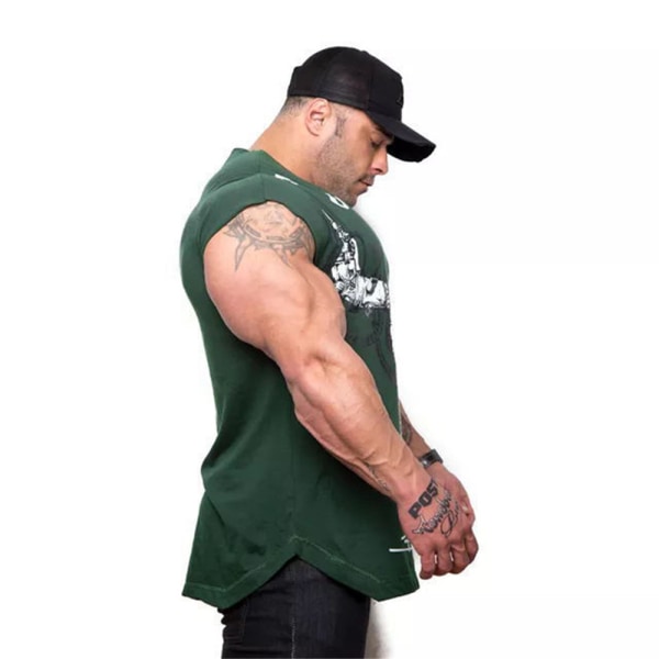 Gym Fit T-shirt för män, figursydd, tryckt, muskelpassning, träningslinne, mode-T-shirt Green L