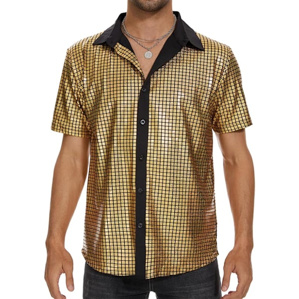 Disco Outfit Hipster Herr 70-tal 80-tal Glittrande Sekvens Skjortor Metallisk Fest Kortärmad Knapp-Ner Skjortor Rolig Nattklubb T-shirt Yellow L