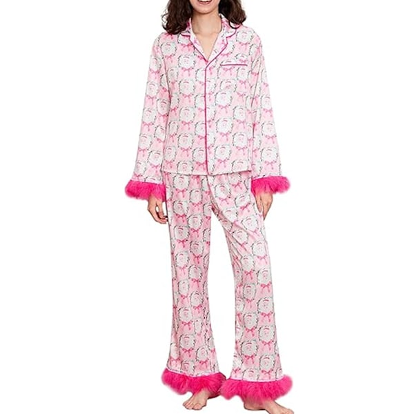 Dam Julpyjamas Set Satin Jultomte Tryck Knappar Fjäderkant Långärmad Nattkläder Pjs 2-delad Loungewear I XL