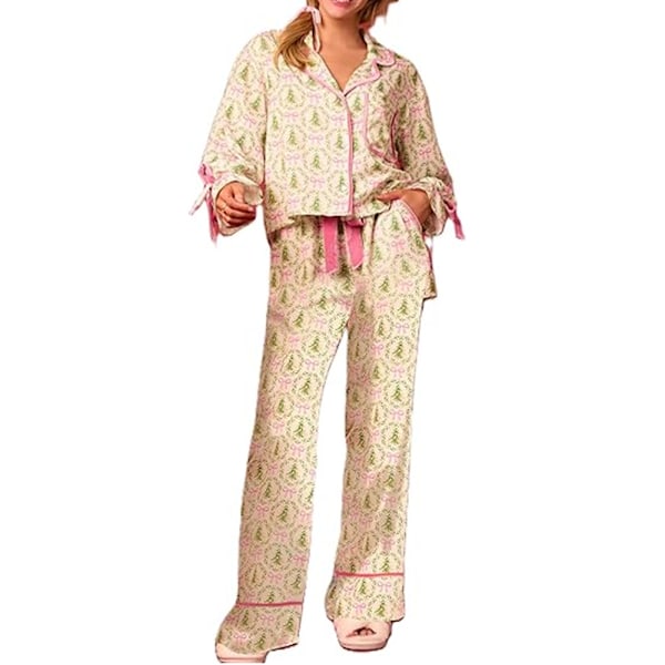 Damjulpyjamas Set med 2 delar, rosett, långärmad skjorta, byxor, nattkläder, pyjamas C M