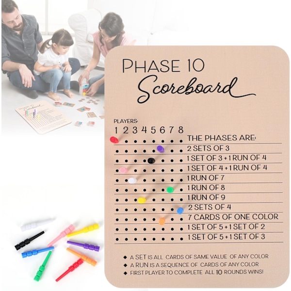 Phase 10 Pistetaulu, Puinen Phase 10 Pistetaulu ja Kierrosten Seuranta 8 Värillisellä Tapilla, Klassiset Perhe- ja Aikuisten Korttipelit (1 kpl)