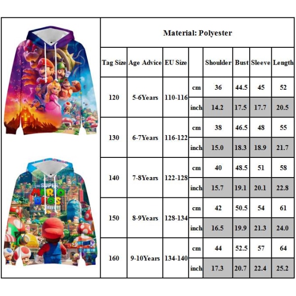 Super Mario Bros 3d Print Kids Hoodie Jacka Coat Cartoon Hooded F 150cm