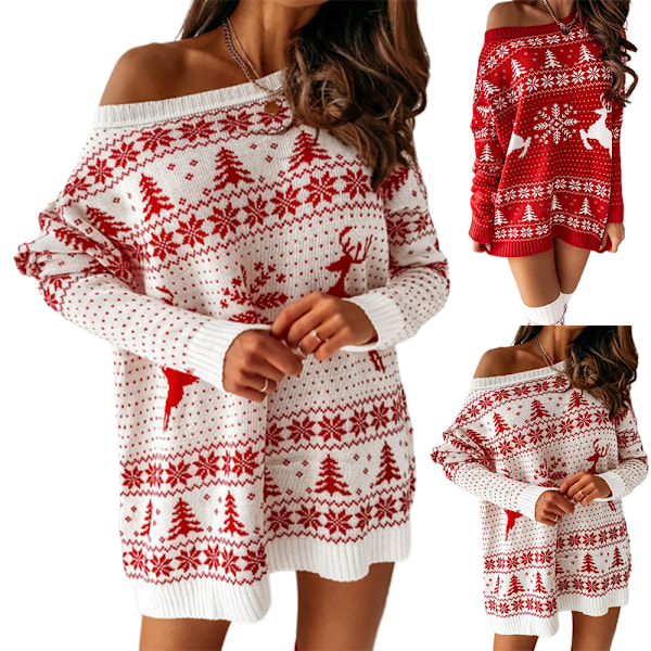 Dame Juleprint Langærmet Strikket Sweater Kjole Elg Print Strikket Langærmet Kjoler Jul Stræk Sweatre Midi Kjole Rød Red XL