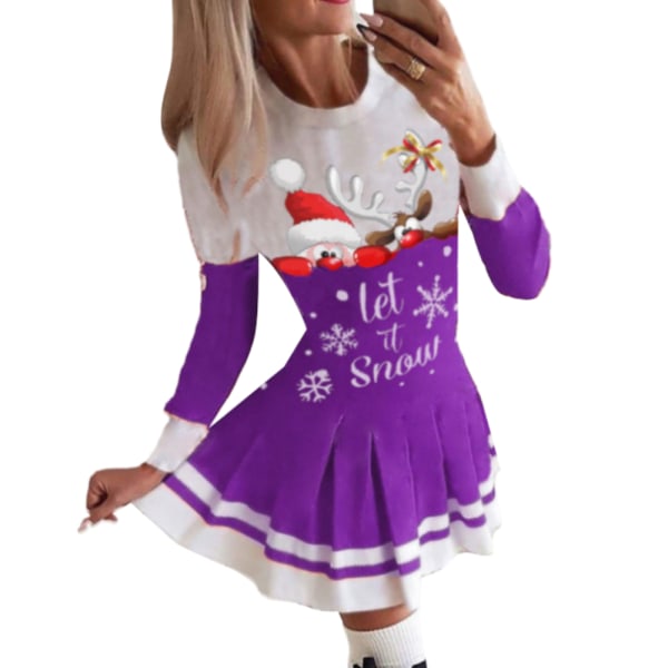 Julklänning print färgblock plisserad kjol för kvinnor purple l