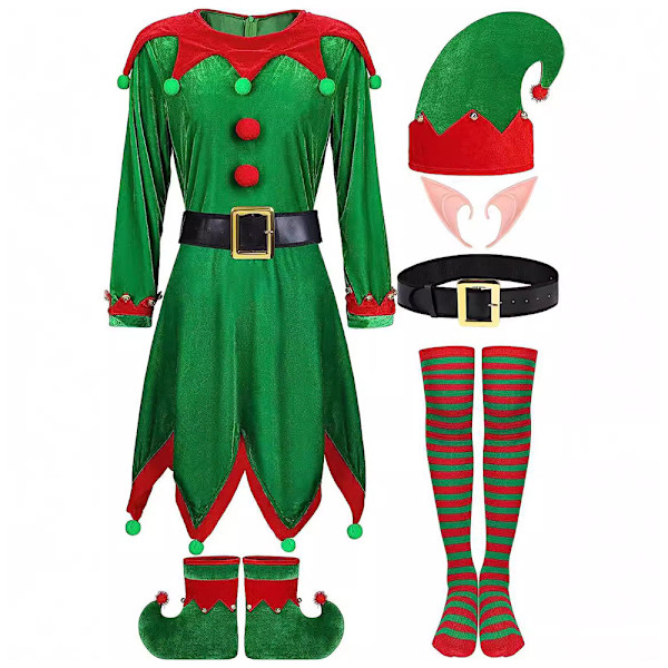 Jultomtekostym för kvinnor i sammetklänning, Santas hjälpare-kostym, juloutfit, tomteluva, skor, öron, bälte, strumpor M