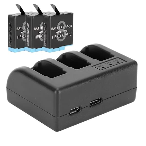 8 7 6 5 Sort genopladeligt batteri og 3-kanals oplader