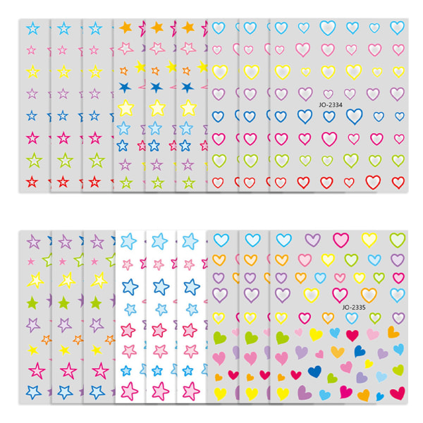 Star Heart shape Nail Art Stickers Decals Nail Art Supplies Self-Adhesive Stickers, 10.5*8cm, 18 Sheets (Colorful)