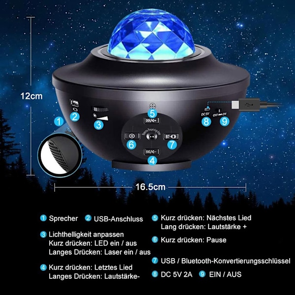 LED-projektorstjernehimmellampe, stjernenattlys med Bluetooth-musikkhøyttalerfjernkontroll Barn Baby Star Projector