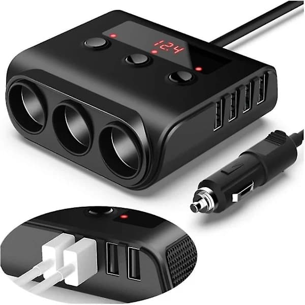Sigarettenneradapter 3 uttak med spenningsdisplay USB billader