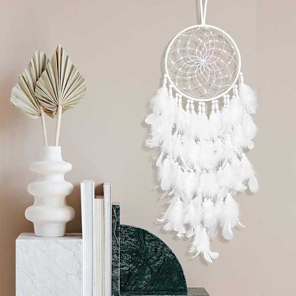 Drömfångare Väggdekoration Vit Fjäder Pärla Bohème Vävning Art Deco$Drömfångare Hänge Hem Sovrum Hänge Hantverk$Drömfångare