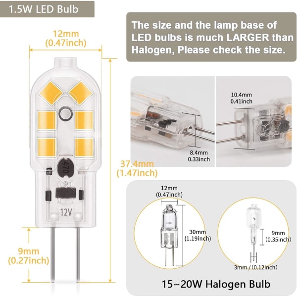 G4 LED 1,5 W:n lamppu, 180 lm, AC/DC 12 V:n valaisinlamput, vastaa 20 W:n halogeenia, lämmin valkoinen 3000 K, himmennettävä, korvaava malli