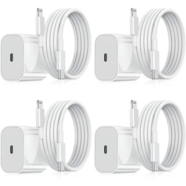 4-pakning iPhone-lader - Hurtiglader - Adapter + 2m datakabel 20W Lightning Hvit 4-pakning iPhone (NT) 4-pakning Lightning
