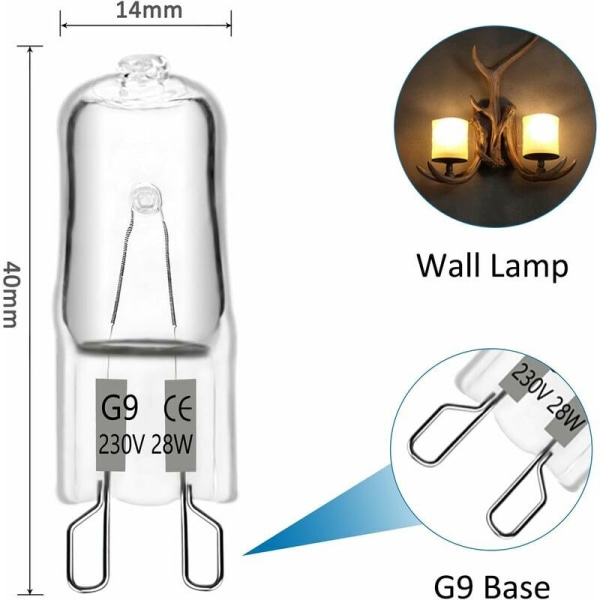 G9 Halogenpære 28W 230V, 350LM 2700K Varmhvit Dimbar, G9 Kapselpærer, for Lysekroner, Landskapslamper, Vegglamper, Skap