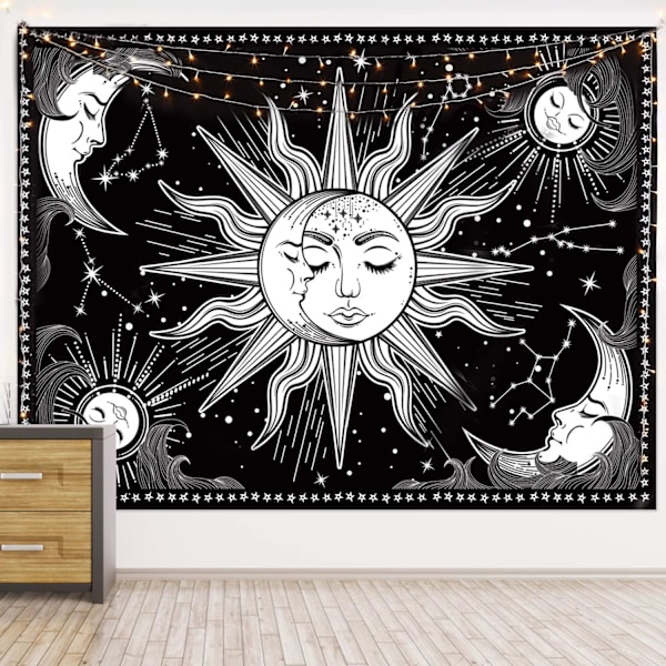 Månstjärnor Konst i Svartvitt, Mandala Tapestry med HD-tryck, Väggbonad i Polyestertyg, Perfekt för Estetiska Sovrum, Studentrum