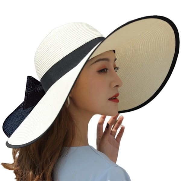 Damstor hatt med stor rosett i halm, stor floppy hopfällbar rullbar strandhatt solhatt sommar UV-skydd strandhatt