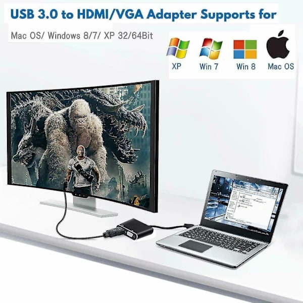 USB 3.0 til HDMI + VGA Full HD 1080p Videoadapterkabelkonverter til PC