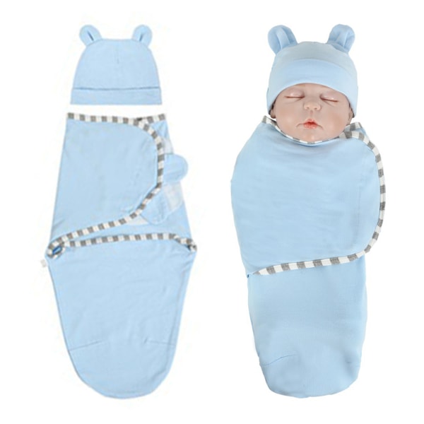 Baby Swaddle sovsäck med hatt set för 0-3 månader, blå Blue