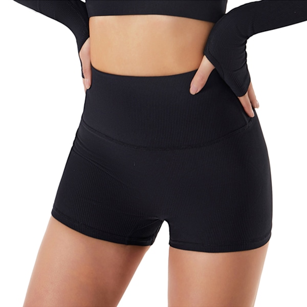 Dam Hög Midja Booty Yoga Shorts Sommar Cykelshorts Träningsleggings Korta Byxor för Träning Löpning Gym Svart M