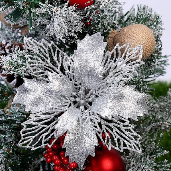 Utsökta glitterjulstjärneblommor, glittriga konstgjorda julblommor, elegant dekor för din festliga säsong, heminredning, julkrans