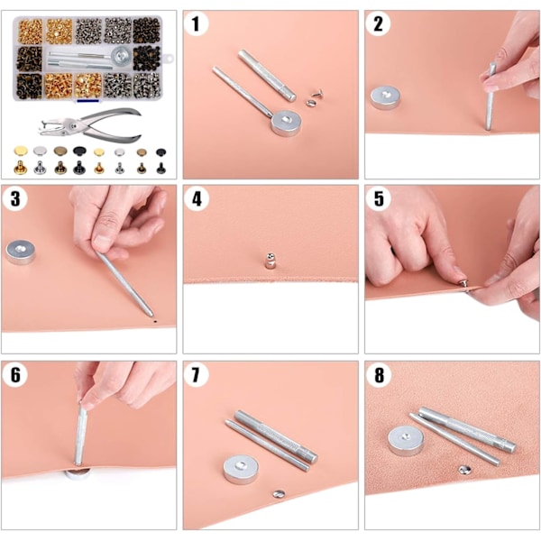 Metallnitar Lädernitar Kit, Rostskyddande och Hållbart med Monteringsverktyg, 240 Set i 2 Storlekar, 3 Färger, För Reparation och Dekorera DIY Läder