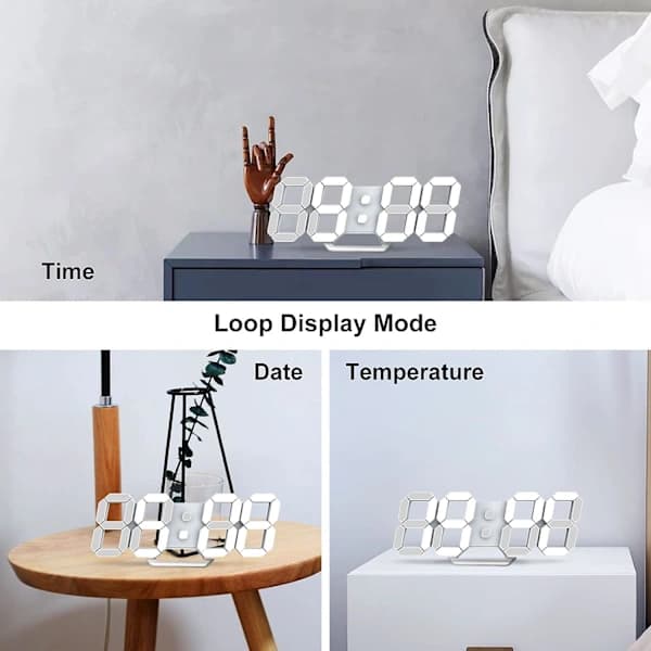 Digitalt vækkeur 3D dæmpbart snooze moderne lydløst vækkeur