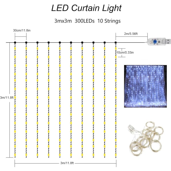 Lysgardin LED lyskæde LED lyskæde gardin, vandtæt dekoration til jul, festdekoration, indendørs belysning