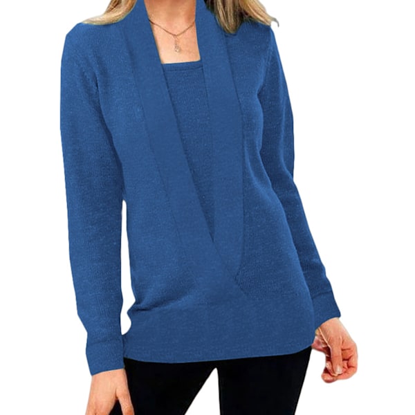 2 i 1 Långärmad Tröja Casual Enfärgad Lös Mjuk Elegant Bekväm Pullover Blus för Kvinnor Blå XL