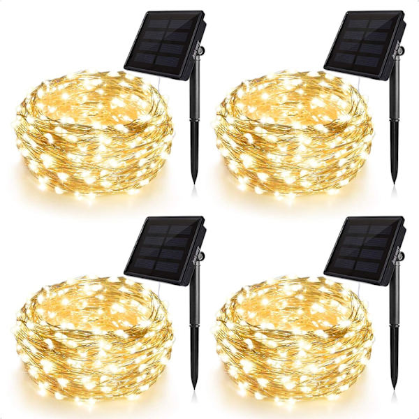4 grupper af solfeér, varmt hvidt, 100 LED solstrenglamper, udendørs vandtæt, 8-mode kobbertråd sol julelys