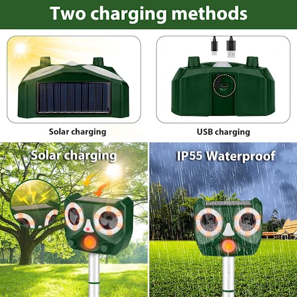 Ultraljudsdjursavvisare för utomhusbruk, sol-/USB-driven (med LED-blixt)