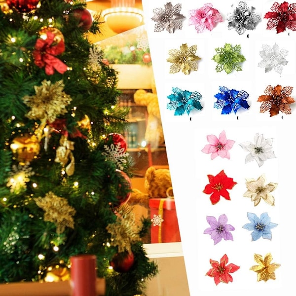 Utsökta glitterjulstjärneblommor, glittriga konstgjorda julblommor, elegant dekor för din festliga säsong, heminredning, julkrans