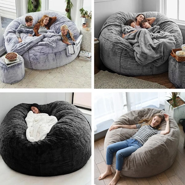 Stor Rund Sittsäck för Kreativa Utrymmen, Bekvämt Fluffigt Pälsigt Sammetöverdrag, Lazy Soffa Möbel för Sittande, Tupplurar och Avkoppling (6FT, Grå)