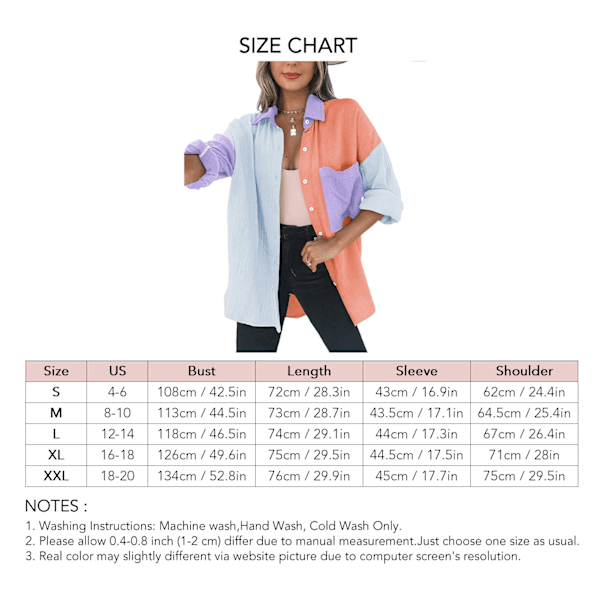 Långärmad Oversized Blus Nedvikt Krage Enkelknäppt Ficka Fram Dam Casual Oversized Blus för Sommar Orange Blå L