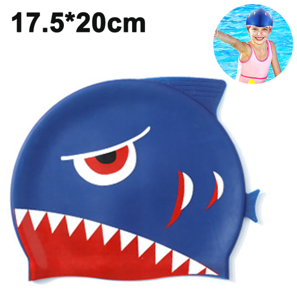 Cap Barn-1-pack silikon roliga badmössor för flickor och pojkar, badmössor för barn med tecknade hajar och minnows-design royal blue