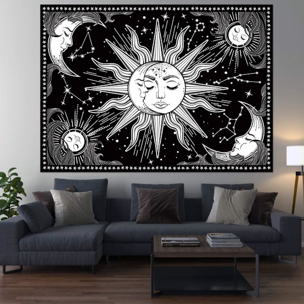 Månstjärnor Konst i Svartvitt, Mandala Tapestry med HD-tryck, Väggbonad i Polyestertyg, Perfekt för Estetiska Sovrum, Studentrum