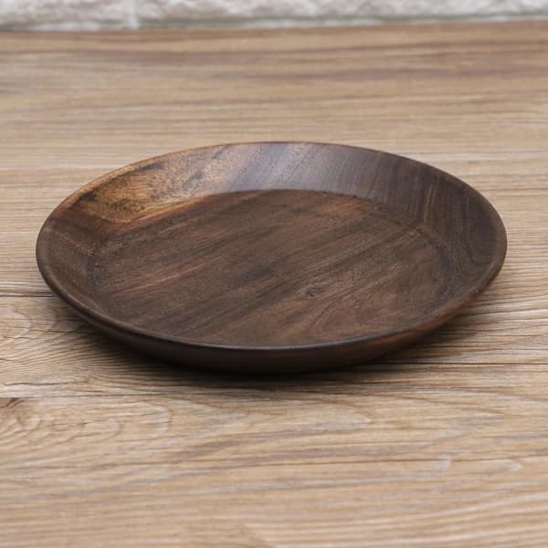 Solid mørk trefruktfat, rundt serveringsfat for mat, te, dessert, kake (15 cm)
