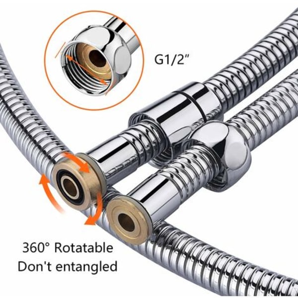 Universell dusjslange (G1/2 tommer, 2m), anti-kink dusjslange, rustfritt stål/krom