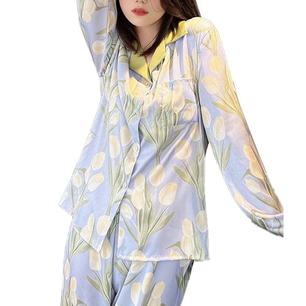 Långärmad Pyjamas Stilfull Blommig Vår Höst Imiterat Sidentyg Dam Hemmakläder Sovkläder Set Dubbel Lång XL