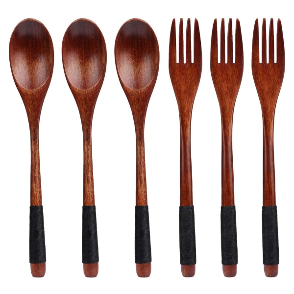 Natural wooden spoon and fork set, long-handled Japanese tableware set, used for camping outdoor kitchen cooking tableware, 6 pieces