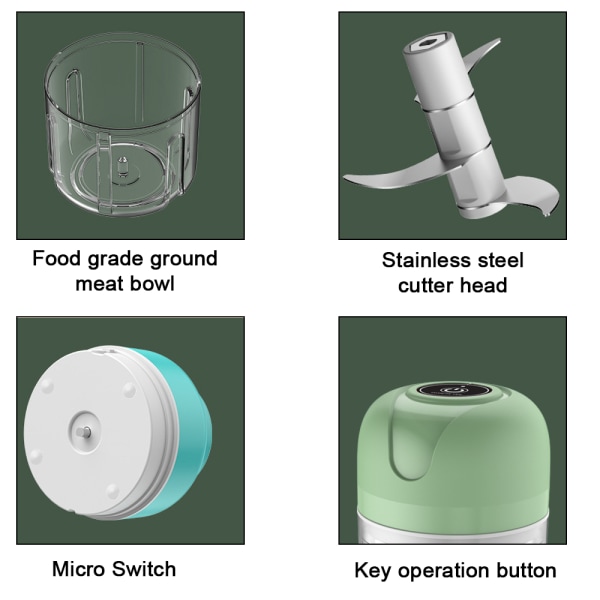 Elektrisk mini vitlökshackare, mini mathackare, bärbar elektrisk vitlökskvarn med USB -laddning för lök, morot, kött, baby , Green