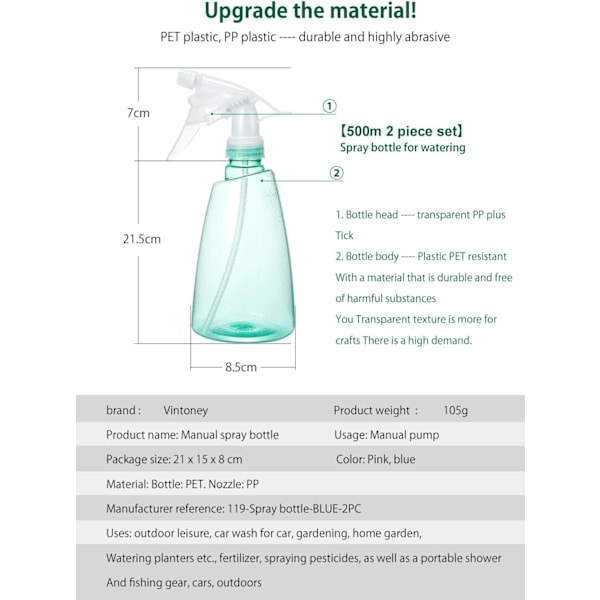 Ergonomiska 500ml sprayflaskor med hals, hållbart sprayhuvud i polypropen säkerställer pålitlig prestanda, idealisk för rengöring, trädgårdsarbete och resor