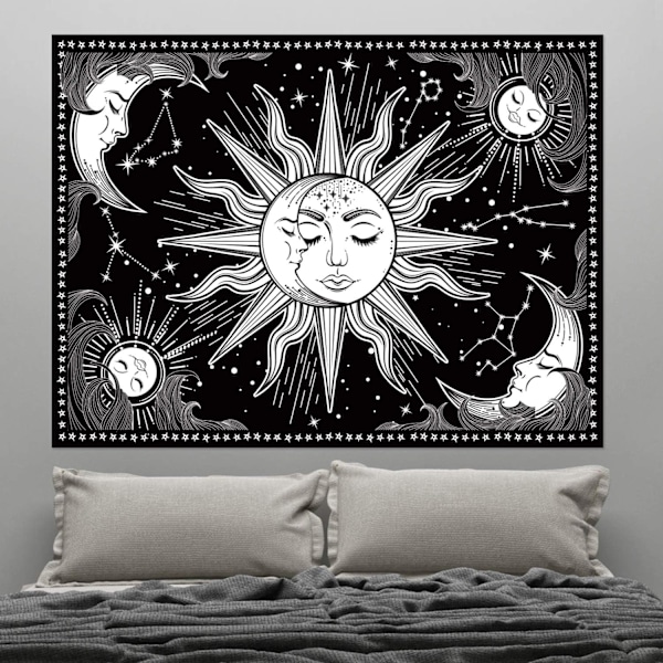 Månstjärnor Konst i Svartvitt, Mandala Tapestry med HD-tryck, Väggbonad i Polyestertyg, Perfekt för Estetiska Sovrum, Studentrum