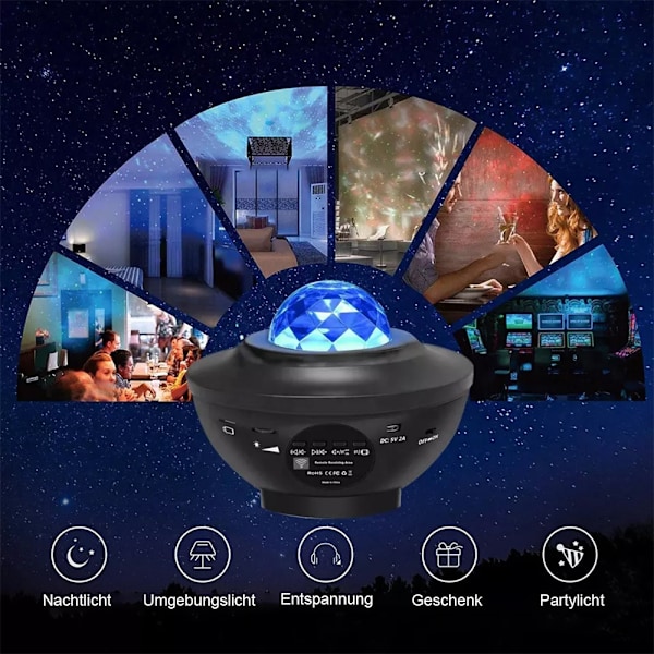 Stjerne LED-projektor Stjerne Galaxy-projektorlampe 21 lysmoduser 360 ° roterende bølge Bluetooth-høyttalerboks timer