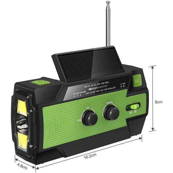 Solar Radio AM/FM vevradio Bärbar USB uppladdningsbar nödradio med 2000mAh Power Bank, LED-ficklampa, SOS-larm och handvev Grün