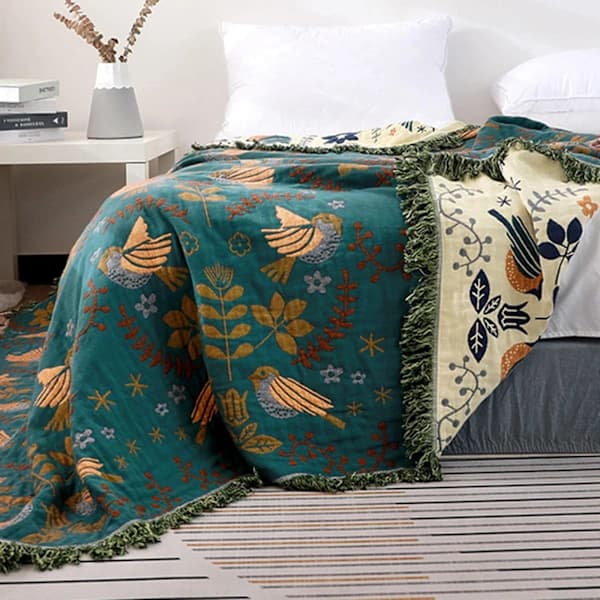 Bomullsteppe vevd mønster, rutete med frynser boho sengeteppe 200*230cm