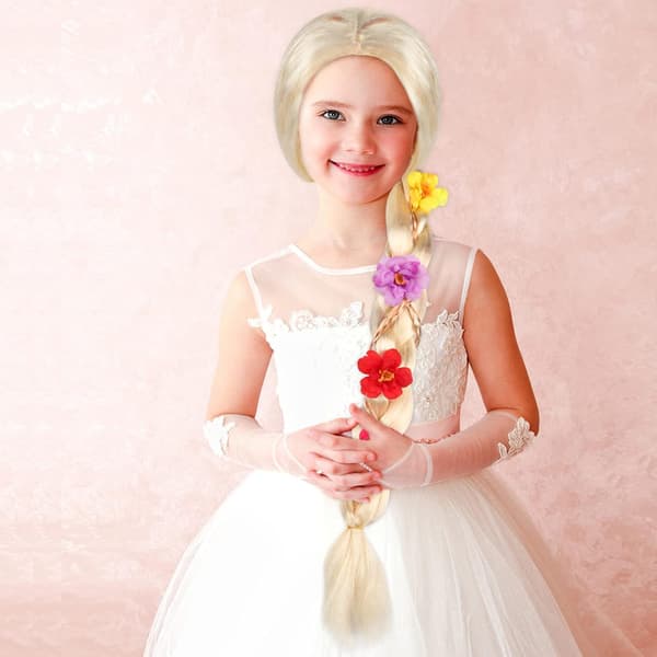Prinsessefletning paryk (85 cm), lang prinsesseparyk til børn, gylden prinsesseparyk til piger, rollespilsparyk