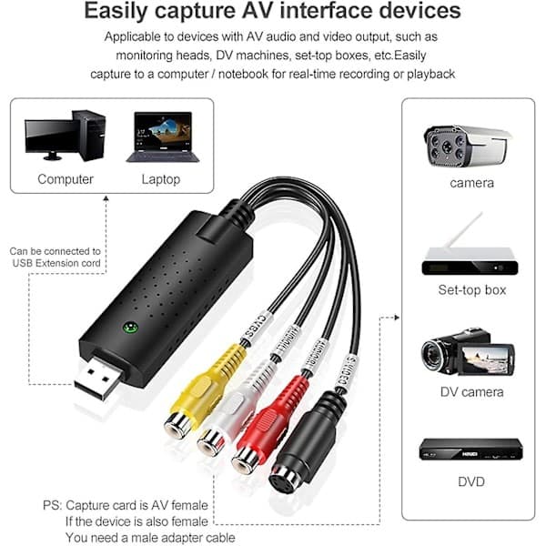VHS til Digital Konverter, Hi8 VHS til DVD Video Capture Card, VHS til USB, DVD, USB 2.0 til Windows10/8/7, macOS