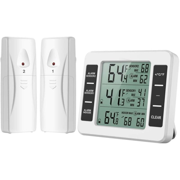 Kyl/frys termometer, trådlös kyltermometer med 2 sensorer, ljudlarm, min/max, in/ut termometer för hemköket