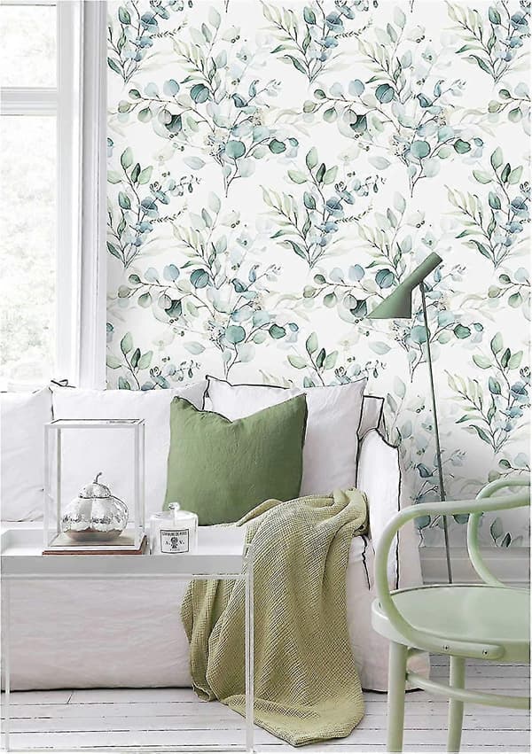 Selvklebende tapet, grønn/hvit eukalyptusblad og blomstermural, bohemsk stil dekorasjon for barnerom, 45cm x 3m