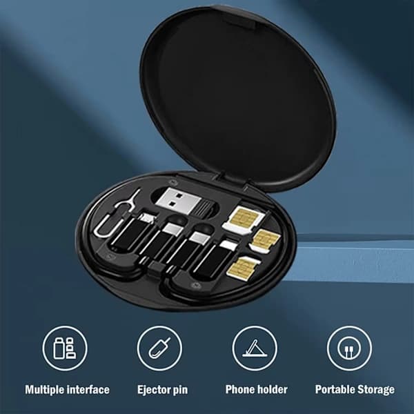 Förvaringsfodral för multikabel med USB-C Micro USB och Lightning-adaptrar Dataöverföringskit Svart